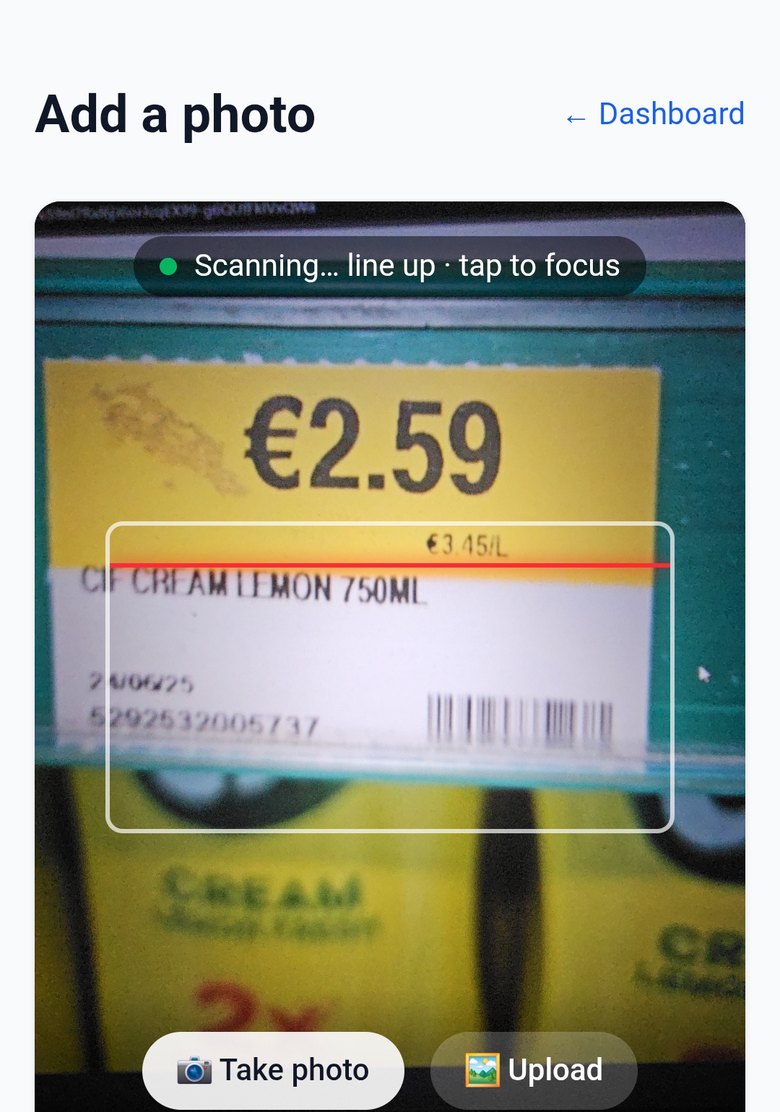 Live scanner in a supermarket aisle locking onto a Cif Cream shelf tag: price, unit price and barcode in frame with the scanning guide overlay